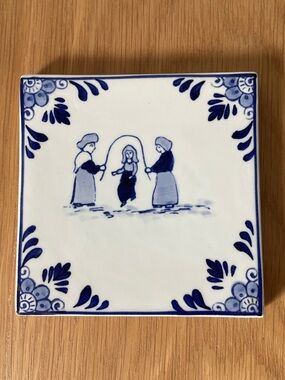Vintage Delftsblauw Delft Blue Ceramic Tile Hand-painted Jump Rope Folk Scene